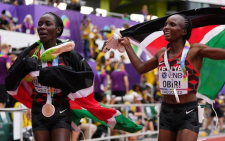 Kenya's Margaret Chelimo and Hellen Obiri in a past function. PHOTO/World Athletics