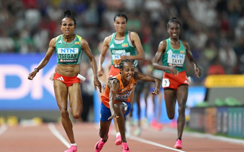 Netherlands Sifan Hassan stumbles during the women's 10,000m at the World Athletics Championships in Budapest. PHOTO/Athletics Weekly