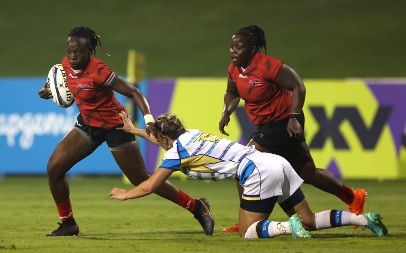 Kenya Lionesses in action against Kazakhstan. PHOTO/ Kenya Lionesses play takes a tackle against Kazakhstan. PHOTO/Christopher Pike - World Rugby