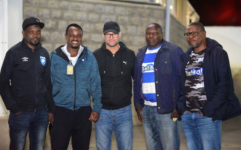 Thomas Trucha (centre) with AFC Leopards management. PHOTO/AFC Leopards.