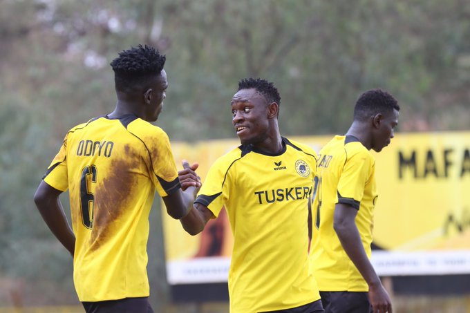 David Odoyo and Shaphan Oyugi of Tusker celebrate a goal. PHOTO/(@tusker_fc)/X