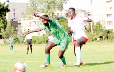 PG 29 Jentrix Shikangwa of Vihiga Queens (L) and Lucy Okoth of Ulinzi Starlet challenge for the ball during their WPL match played at Utalii grounds, Nairobi on December 28 2021.PHOTO RODGERS NDEGWA√