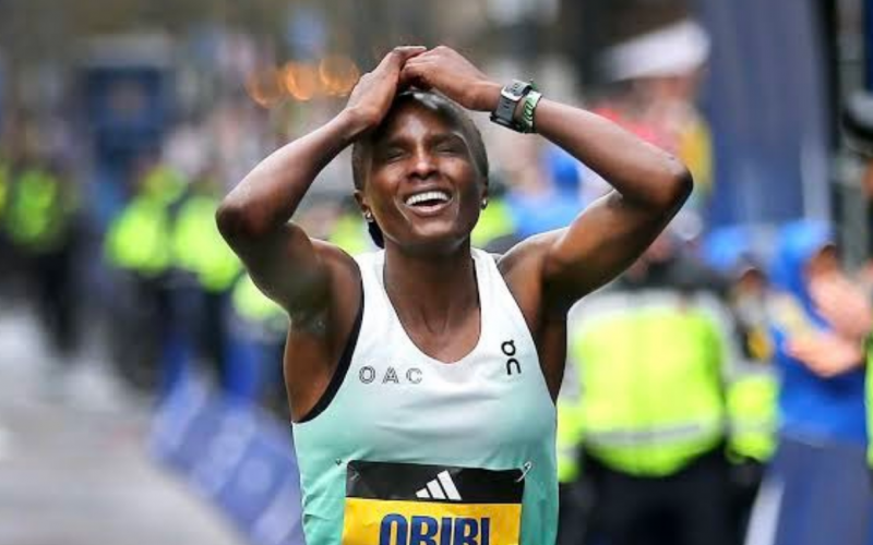 Hellen Obiri reacts after winning the New York. PHOTO/SOYA