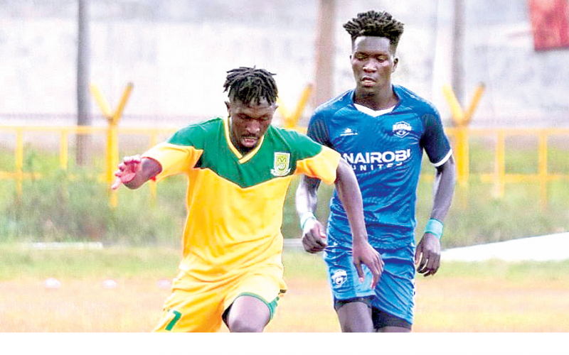 Mathare United winger Mark Kadohi (left) take on Nairobi United defender Mark Otieno in FKF NSL match. PHOTO/David Ndolo