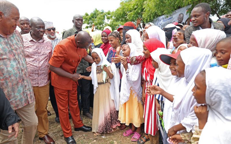 
President Ruto interacts with Children on his tour of Lamu County. PHOTO/(@WilliamsRuto)/X
