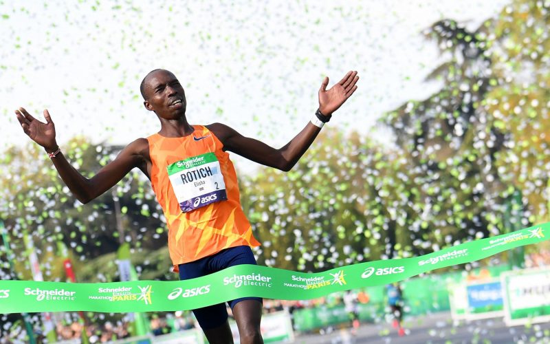 Elisha Rotich reacts after crossing the finishing line. PHOTO/Inside Games