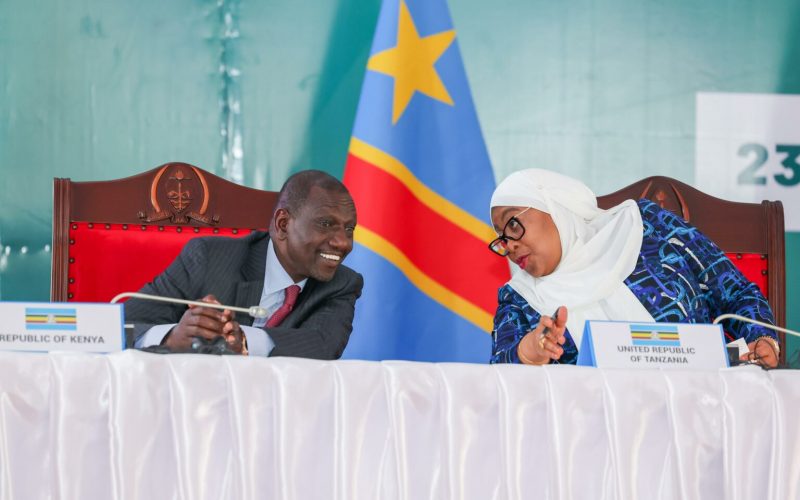 President William Ruto of Kenya chats with his Tanzanian counterpart, Samia Suluhu, in Arusha. PHOTO/(@StateHouseKenya)/X