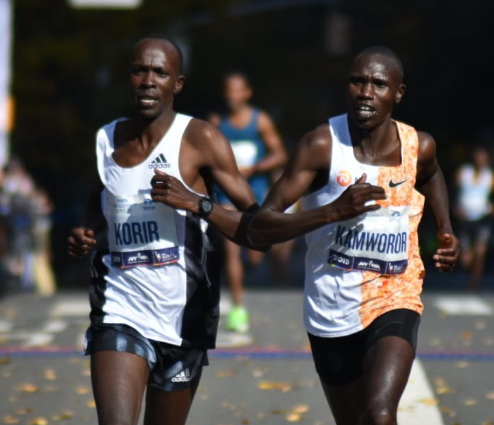 Geoffrey Kamworor and Albert Korir in previous New York City Marathon action. PHOTO/(@WilliamsRuto)/X