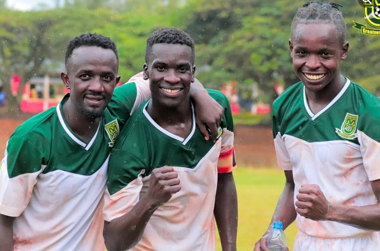 Mathare United's Ellie Asieche celebrates a goal with teammates. PHOTO/Mathare United/Facebook