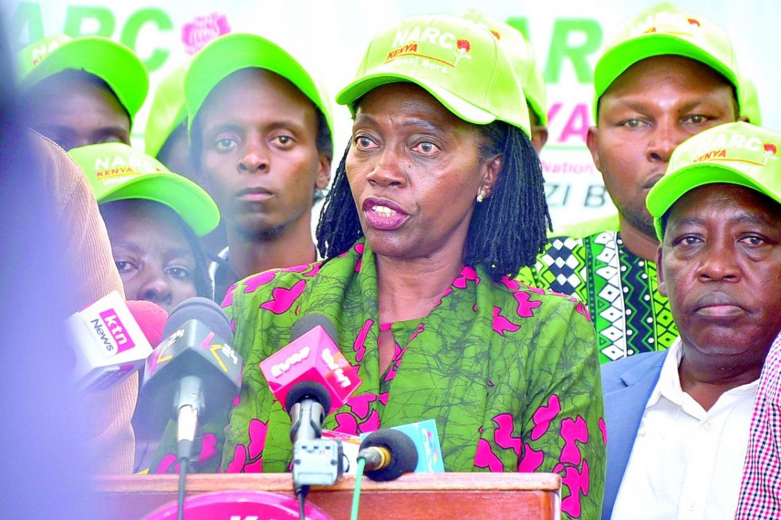 Narc Kenya leader Martha Karua addreses a press conference at the party headquarters in Nairobi. PHOTO/John Ochieng