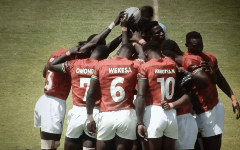 Kenya 7s (Shujaa) players huddle, PHOTO/Kenya Sevens/Facebook