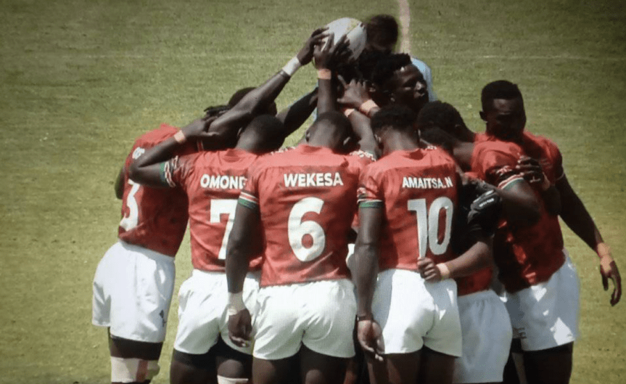 Kenya 7s (Shujaa) players huddle, PHOTO/Kenya Sevens/Facebook