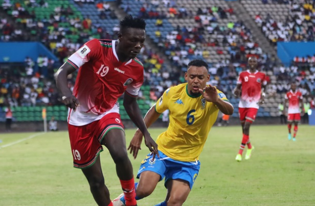 Harambee Stars forward Rooney Onyango in action against Gabon in a WCQ. PHOTO/FKF