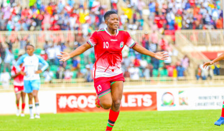 Harambee Starlets Marjolene Nekesa celebrates scoring a goal against Botswana in a WAFCON Qualifier. PHOTO/(@StarletsKE)/X