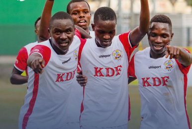 Ulinzi Stars celebrate a goal against Tusker. PHOTO/(@Officialfkfpl)/X