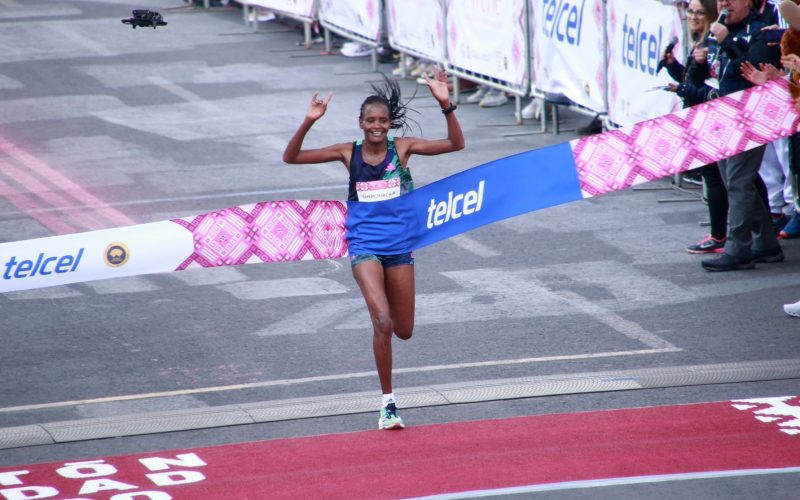 Celestine Chepchirchir crosses the line in a past event. PHOTO/Marca