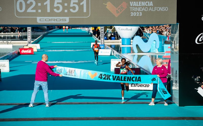 Worknesh Degefa of Ethiopia crosses the finish line at the Valencia Marathon. PHOTO/Valencia Marathon