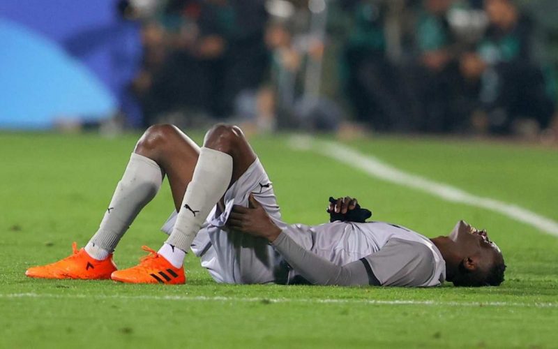 Michael Olunga of Al Duhail SC reacts after getting injured. PHOTO/Al Duhail SC