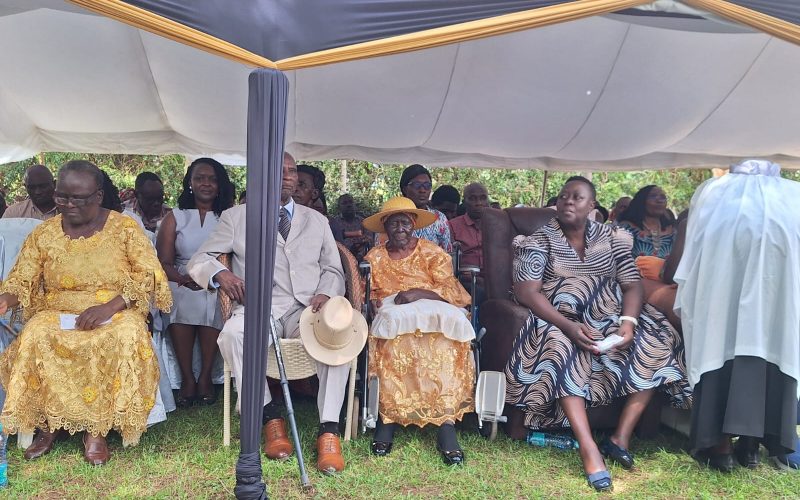 Centenarian Agneta Odinga, sister to the late doyen of opposition politics in Kenya Jaramogi Oginga Odinga, with Kisumu County woman Rep Ruth Odinga during a celebration held at Ruths Nyahera home in Kisumu to thank God for her lifetime achievement. PHOTO/Kepher Otieno