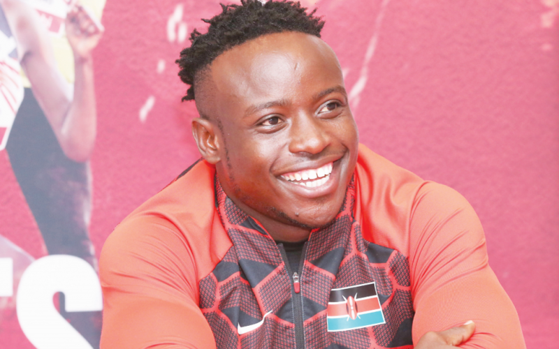 Sprinter Ferdinand Omanyala reacts during a past press conference. PHOTO/Sport Picha