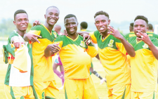 Mathare United players celebrate after Parmenas Ochola (c) scored a goal against Dimba Patriots in their NSL match on Sunday. PHOTO/David Ndolo