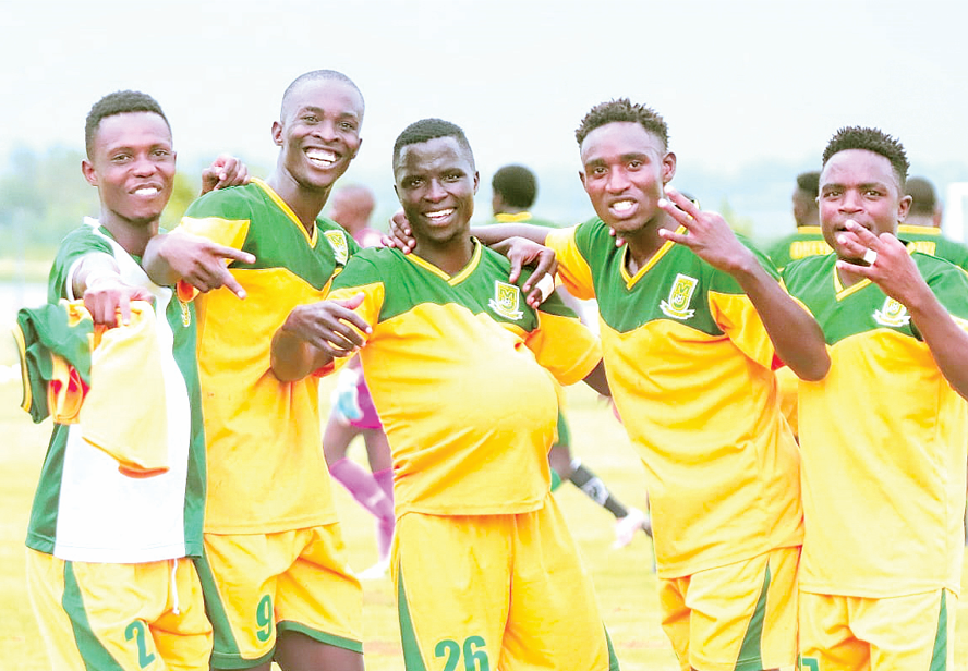 Mathare United players celebrate after Parmenas Ochola (c) scored a goal against Dimba Patriots in their NSL match on Sunday. PHOTO/David Ndolo