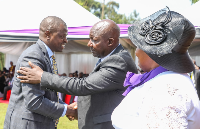 Kiharu MP Ndindi Nyoro condoles with the family of Sigowet-Soin MP Justice Kemei Kipsang during the burial of his father, the late Kipkemei Chereng’eti. PHOTO/Print