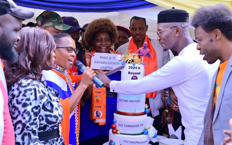 Residents of Kajiado County cut a cake to celebrate Raila Odinga's 79th birthday in celebrations held at Kitengela. PHOTO/Christine Musa