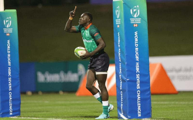 Kenya 7s speedster Patrick Odongo celebrates after scoring. PHOTO/World Rugby