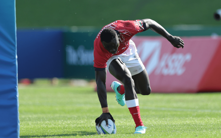 Kenya 7s speedster Patrick Odongo scores at the Dubai Challenger Series. PHOTO/World Rugby