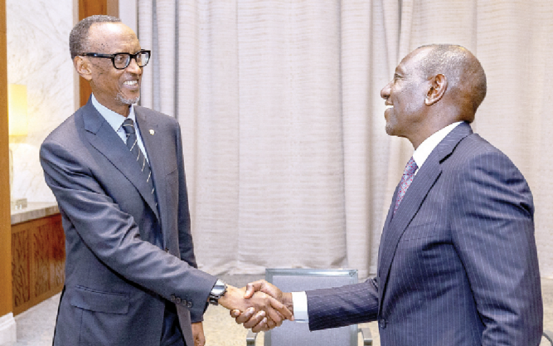 President William Ruto when he held bilateral talks with President Paul Kagame of Rwanda on the sidelines of the ongoing World Government summit. PHOTO/PSC