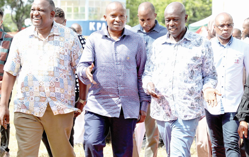 Deputy President Rigathi Gachagua and Interior CS Kithure Kindiki with Coast region leaders leave Mombasa Agricultural International Showground yesterday after a Coast Region Conference on illicit alcohol, narcotic drugs and other psychotropic substances.