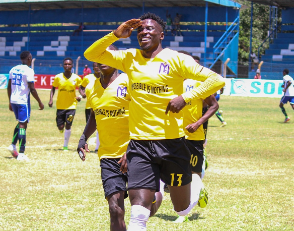 Alex Onchwari of Muhoroni Youth celebrates a goal. PHOTO/Muhoroni Youth/Facebook