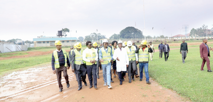 Sports Cabinet Secretary Ababu Namwamba (centre) with Kakamega Governor Fernandes Barasa (in white) during an inspection of Bukhungu Stadium early this month. PHOTO/ @AbabuNamwamba/ X