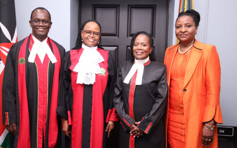 Winfridah Mokaya Boyani poses for a photo with retired Chief registrar Anne Amadi, CJ Martha Koome and Paul Ndemo. PHOTO/ Judiciary Kenya