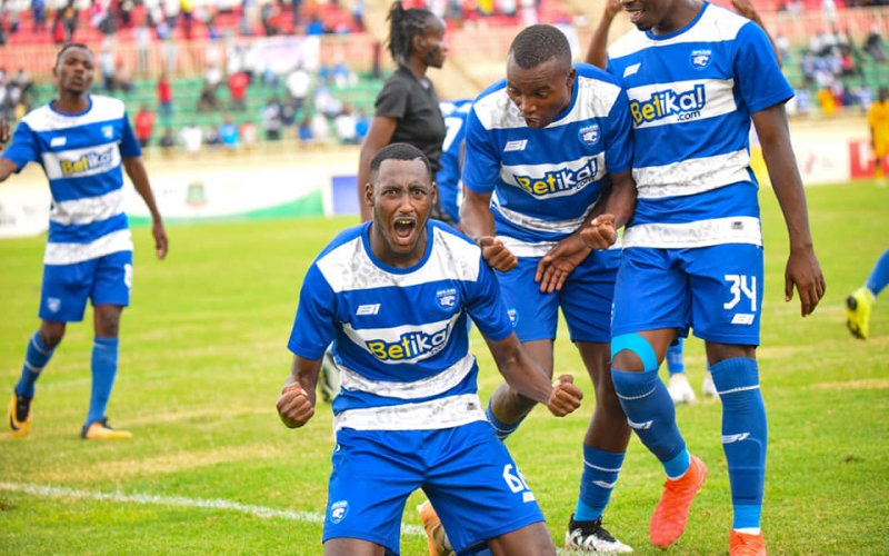 AFC Leopards striker Arthur Gitego celebrates after scoring against Nzoia. PHOTO/AFC Leopards