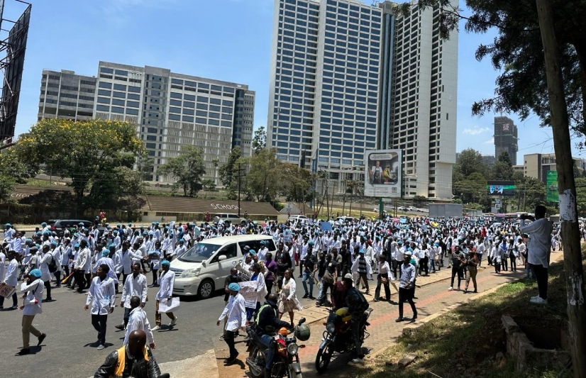 Striking doctors protest in the streets of Nairobi on March 22, 2024.