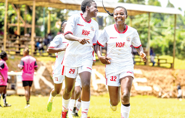 Ulinzi Starlets players celebrate after scoring at their weekend FKF Women Cup. PHOTO/ FKF