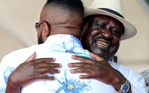 Former Mombasa Governor Ali Hassan Joho hugs ODM party leader Raila Odinga