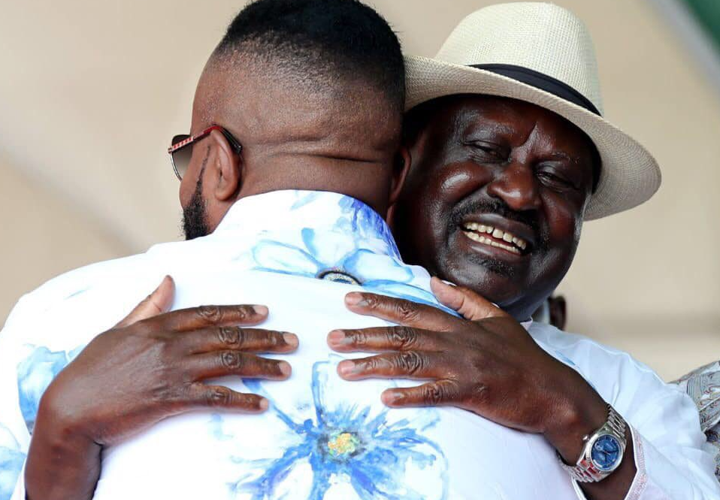 Former Mombasa Governor Ali Hassan Joho hugs ODM party leader Raila Odinga