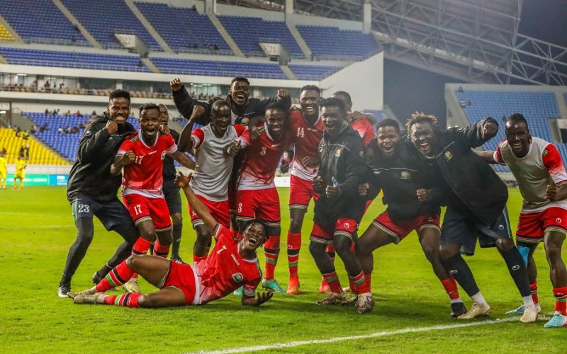 Harambee Stars celebrate after winning the Four Nations Cup. PHOTO/FKF