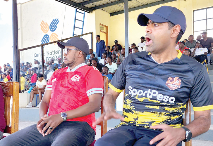 FKF presidential aspirant Hussein Mohammed (right) reacts during a recent league match in Nairobi. His nomination by Murang’a Seal to attend FKF AGM on Saturday has been faulted. PHOTO/Print