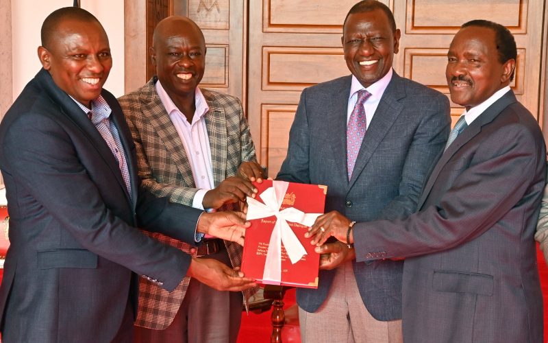 NADCO co-chairs Kimani Ichungwa and Kalonzo Musyoka present the report to President William Ruto and his Deputy Rigathi Gachagua
