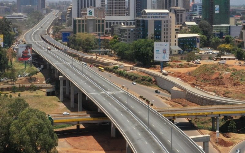 Aerial view of the elevated Nairobi Expressway at the Museum Hill intersection. The road on the ground is Uhuru Highway. PHOTO/X (@KeNHAKenya)