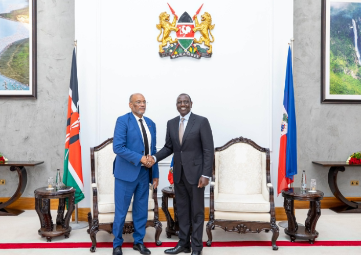 President William Ruto with former Prime Minister of Haiti Ariel Henry, State House, Nairobi on February 29, 2024