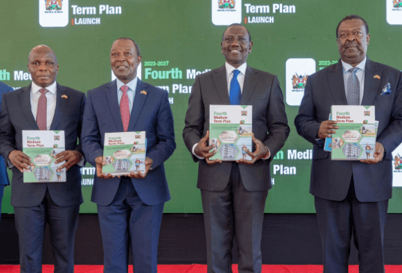 President William Ruto, Prime Cabinet Secretary Musalia Mudavadi (right) Treasury CS Njuguna Ndungu (left) and other senior government officials during the launch of the 4th Medium Term Plan (2023-2027) at State House . PHOTO/Edward Alusa/PCS