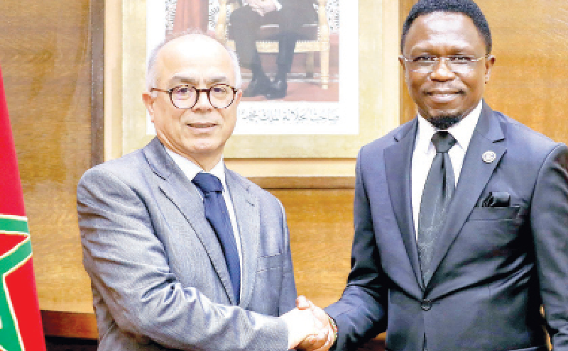 Sports CS Ababu Namwamba (right) shake hands with Morocco’s Minister of Education Chakib Bemmous in Rabat after a meeting where they agreed to establish an MOU on sports development. PHOTO/Ministry of Sports