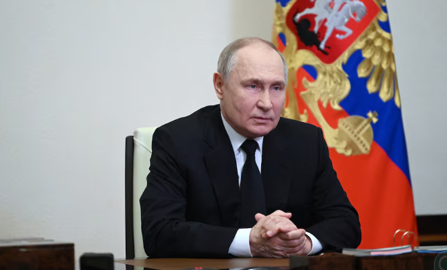 Russian President Vladimir Putin delivers a video address to the nation following a shooting attack at the Crocus City Hall concert venue. PHOTO/Reuters