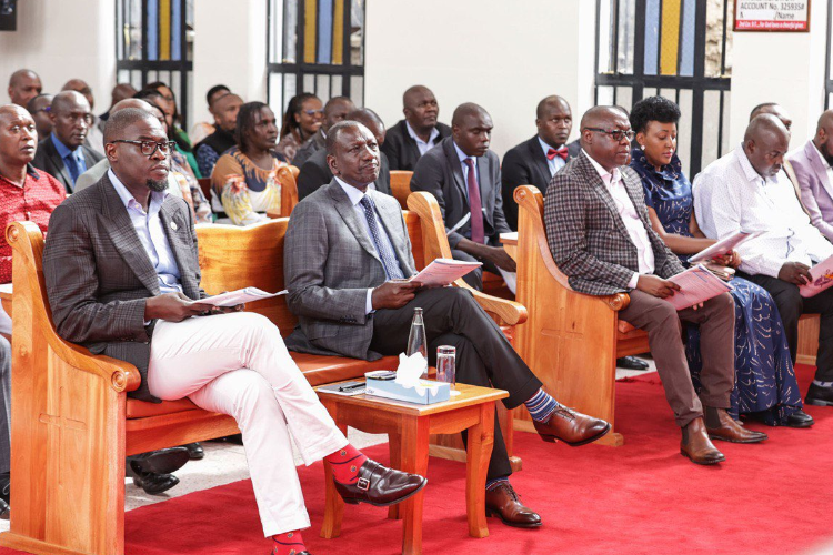 Johnson Sakaja and President William Ruto during a church service in Bahati, Nairobi.