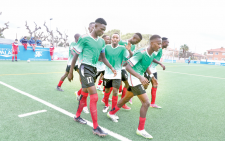 Kenya’s Talanta Hela Under 19 team players celebrate after scoring a goal yesterday during the on-going Costa Daurada Cup in Tarragona, Spain. PHOTO/Vincent Voiyoh